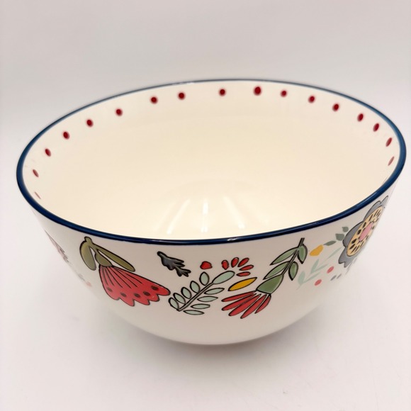 Hand Painted Ceramic Serving Bowl Folk Art Floral Barriga Llena Corazon Contento